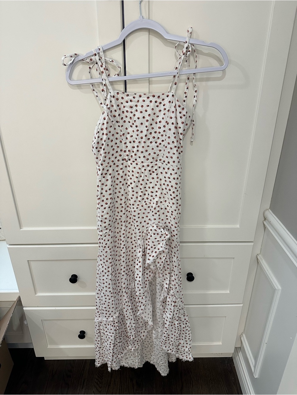 Tie-Shoulder White Midi Dress with Red Dot Print